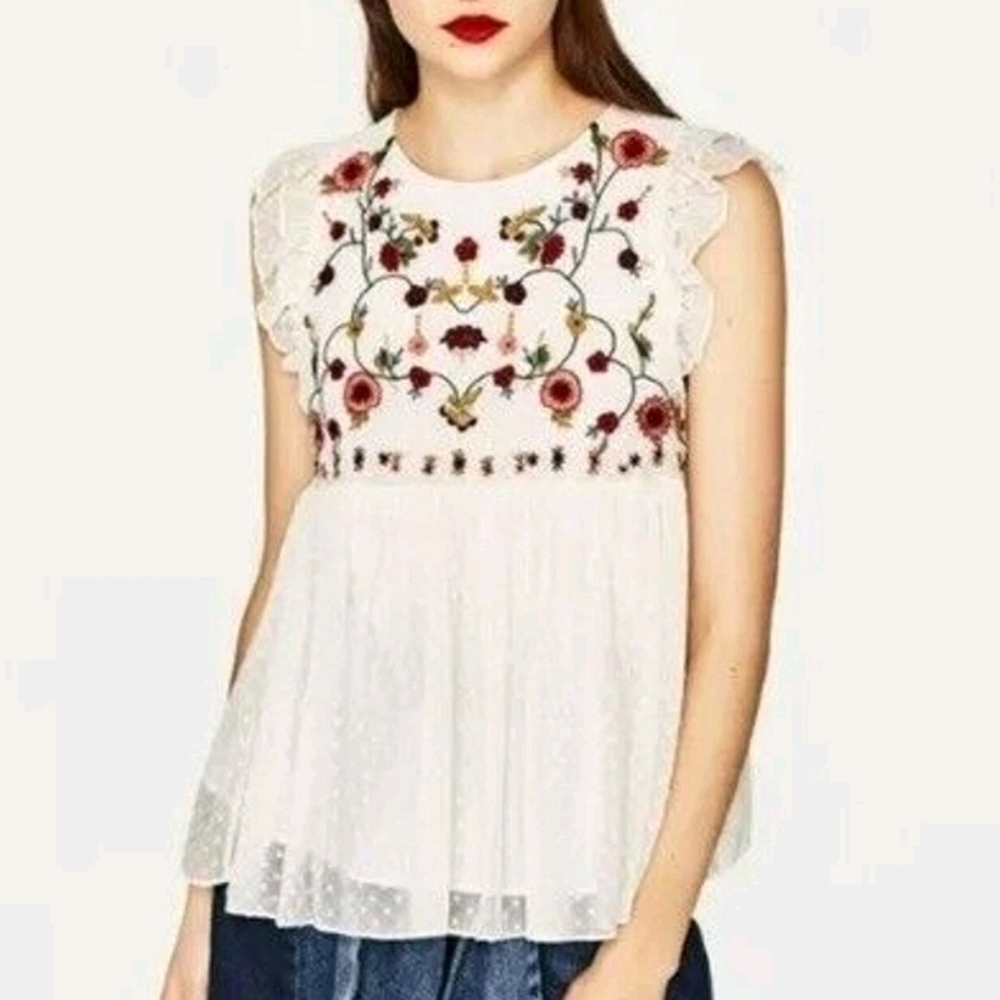 Zara Women's Off White Floral Embroidered Babydoll Fairy Boho Blouse Size S